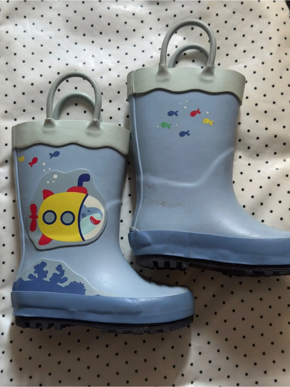 Cat & Jack Light Blue Kids Rain Boots with Yellow Submarine and Fish
